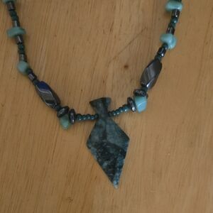 Green Beaded Necklace with Organic Pendant Excellent Condition